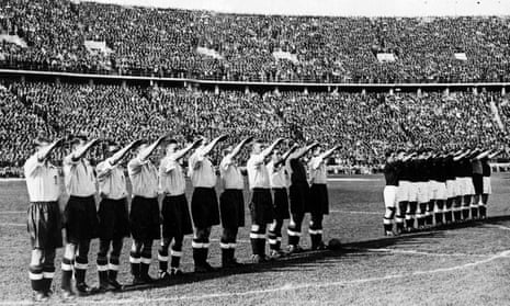 The England football team give the Nazi salute before a match against Germany in Berlin in 1938.
