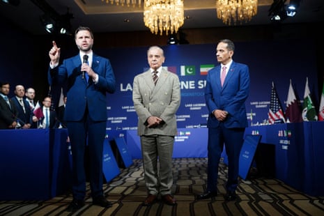JD Vance makes an opening statement next to Pakistan's prime minister Shehbaz Sharif, and Qatar's prime minister Sheikh Mohammed bin Abdulrahman bin Jassim Al-Thani at the Lake Lucerne summit in Switzerland.