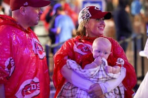 Fans talk in a concourse area during the MLB Speedway Classic.