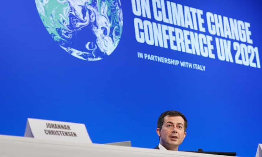 Pete Buttigieg, US secretary of transportation, speaking about zero emissions in shipping on at COP26 on 10 November in Glasgow, Scotland.