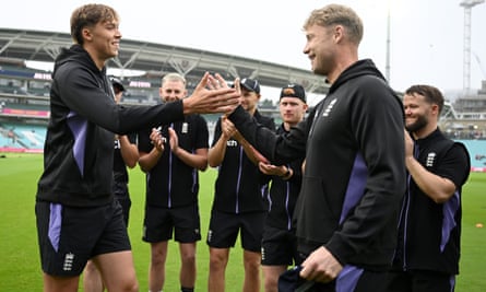 Josh Hull is presented with his Test cap by Andrew Flintoff
