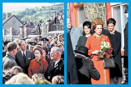 The Queen visiting Aberfan in 1966; below, Olivia Colman wears a replica of her outfit in The Crown.