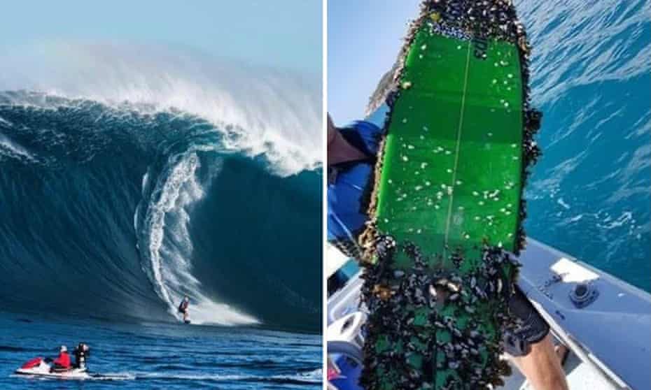 Danny Griffiths catches a wave at Pedra Branca in Tasmania in 2017 just before he lost his surfboard, and the surfboard, covered in barnacles, found in 2021 by two brothers near Townsville in north Queensland, more than 2,700km away