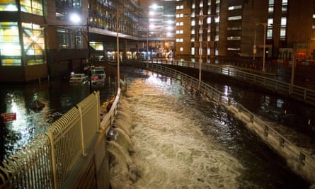 Seawater floods the entrance to the Brooklyn battery tunnel during Hurricane Sandy in 2012.