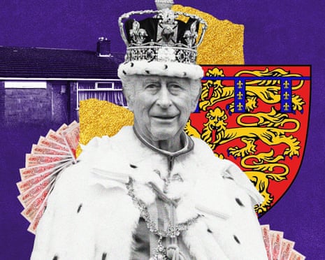 King Charles in front of Duchy of Lancaster seal and Val Taylor's bungalow in Burnley