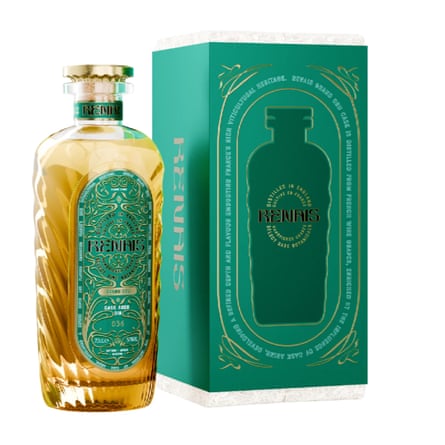A bottle of Renais Grand Cru Cask-Aged Gin with a gold top and green label. The bottle sits next to the green branded box it comes in.
