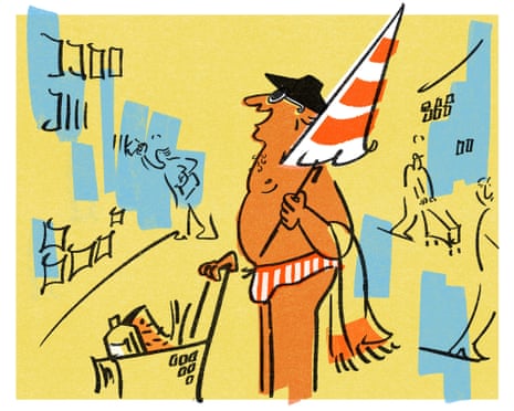 An illustration of a man in red and white striped swimming trunks, holding a matching umbrella and wearing dark sunglasses and dark hat while shopping in a supermarket.