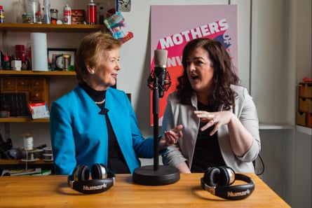 Robinson records her podcast, Mothers of Invention, with her co-host, Maeve Higgins