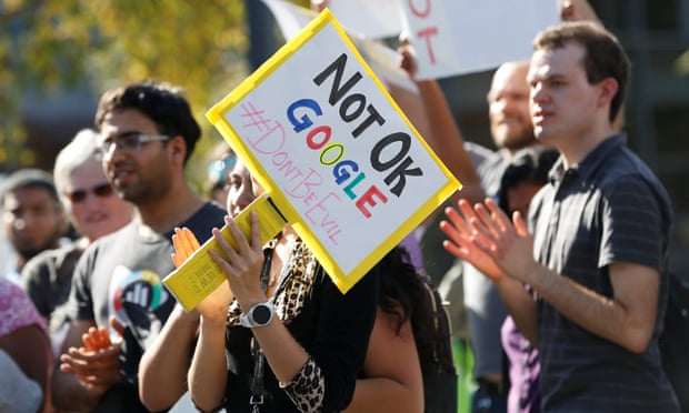 A protest at the Google headquarters on 1 November 2018 over the company’s handling of a large payout to Android chief Andy Rubin and concerns over other managers who had allegedly engaged in sexual misconduct.