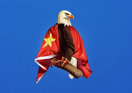 A illustration of an eagle with a flag of China wrapped around it