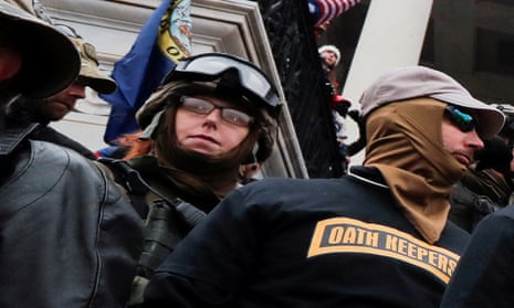 Members of the Oath Keepers militia group, including Jessica Watkins, on the east front steps of the US Capitol on 6 January 2021. 