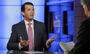 Donald Trump Jr., left, is interviewed by host Sean Hannity on his Fox News Channel television program, in New York Tuesday, July 11, 2017.