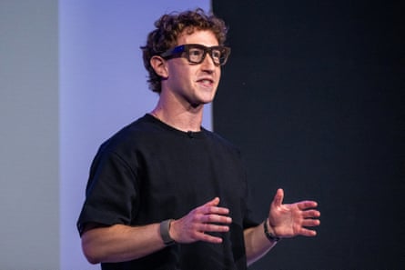 Mark Zuckerberg wears a pair of Ray-Ban AI glasses at a Meta event in September
