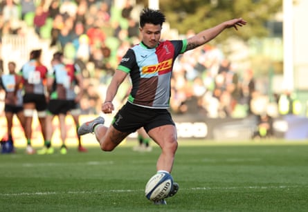 Marcus Smith kicks a conversion for Harlequins against Bayonne.