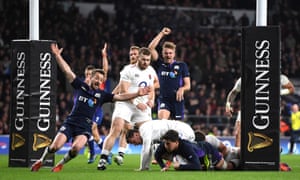 Sam Johnson scores for in last year’s extraordinary 38-38 draw at Twickenham