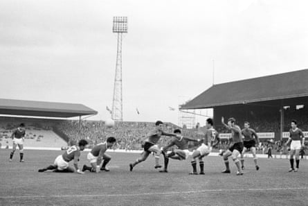 An Italy attack is cleared by the massed North Korea defence during their 1966 World Cup group game