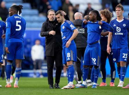 Leicester manager Marti Cifuentes (left) and Harry Winks (right) show their dejection at the final whistle.