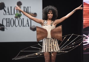 French and Cameroonian writer Elizabeth Tchoungui in a chocolate dress