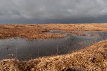 Pools of water on the moorland under a dark grey, cloudy sky.