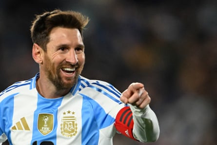 Lionel Messi celebrates his second goal in the 3-0 win against Venezuela last month
