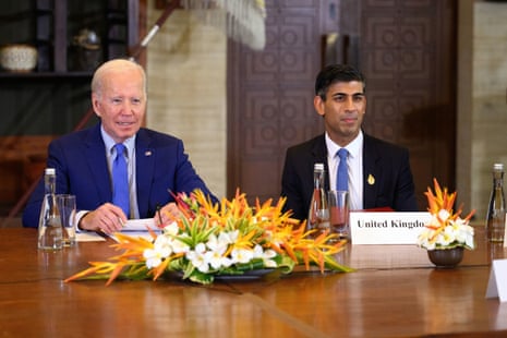 Dominic Raab says he has written to PM to request inquiry into complaints towards him – UK politics stay | Politics 3 Rishi Sunak sitting with Joe Biden (left) at the emergency meeting of G7 leaders in Bali.