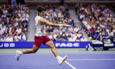 Spain’s Carlos Alcaraz in action against Russia’s Daniil Medvedev in their US Open semi-final.