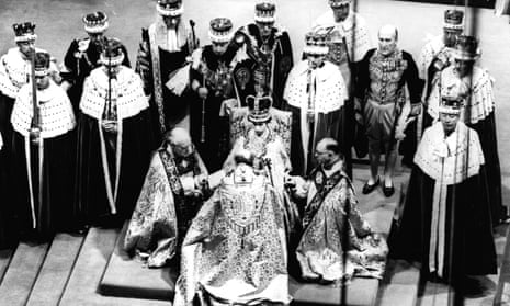 Queen Elizabeth II receives the fealty of the archbishop of Canterbury, centre with back to camera, and the bishops of Durham, left and Bath and Wells, during her 1953 coronation in Westminster Abbey