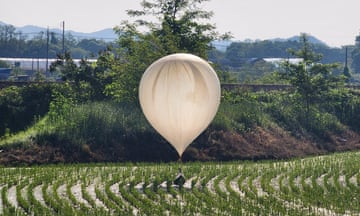 A balloon believed to have been sent by North Korea, carrying various objects including what appeared to be trash and excrement, is seen over a rice field at Cheorwon, South Korea