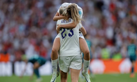 Ella Toone and Alessia Russo celebrate England’s victory.