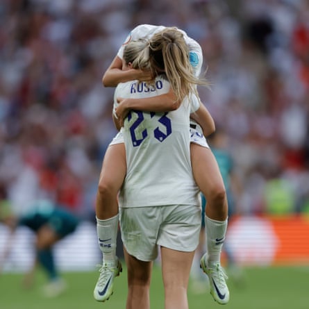 Ella Toone and Alessia Russo of England celebrate victory on the final whistle.