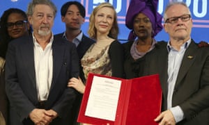 Camera, action â�¦ Cannes jury members (from left) Ava DuVernay, Robert GuÃ©diguian, Chang Chen, Cate Blanchett and Khadja Nin with festival director Thierry FrÃ©maux, right, holding the charter.