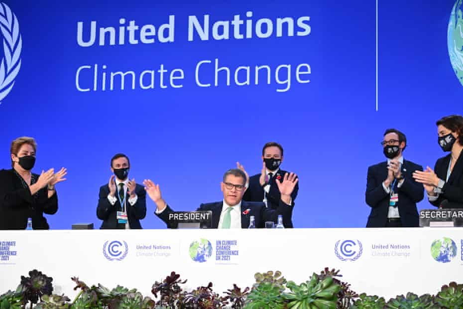 Alok Sharma receives applause after giving the closing speech at Cop26 in Glasgow.