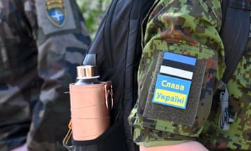 A soldier wears a patch supporting Ukraine during Estonian Defence Forces and Nato joint exercises in Pärnu, Estonia last month.