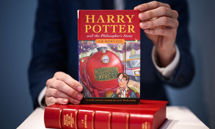 A rare first edition and signed by the author copy of ‘Harry Potter and the Philosophers Stone’ by British author J.K. Rowling, put up for auction at Christie’s auction house in London.