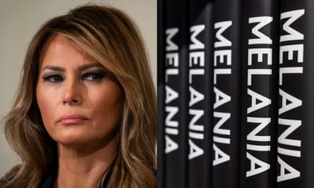A composite of a headshot of Melania Trump and five copies of her memoir.