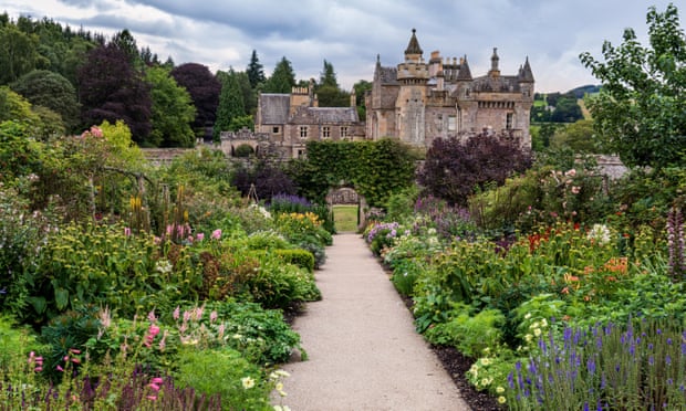 View of Abbotsford from the walled garden, the former home of Scottish writer Sir Walter Scott, Scottish Borders, Scotland, UK.