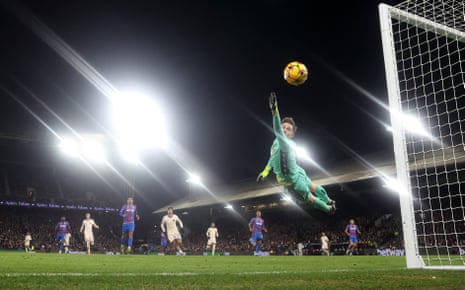 Crystal Palace goalkeeper Dean Henderson dives acrobatically during the 1-1 draw with Chelsea at Selhurst Park