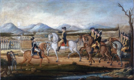 The painting, c.1795, attributed to Frederick Kemmelmeyer, depicts George Washington and his troops before their march to suppress the Whiskey Rebellion in western Pennsylvania.