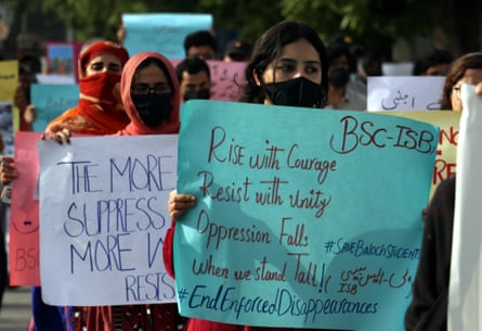Supporters of the Baloch in Islamabad protest the arrest of their leader, Mahrang Baloch on 22 March 2025.