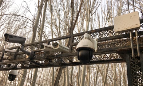 Security cameras at the entrance to the Id Kah mosque in Kashgar, Uighur autonomous region, Xinjiang.