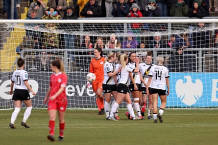 Ellie Mason celebrates with her teammates after scoring her, and Lewes’s, fourth goal in their 6-1 FA Cup fifth round win over Cardiff City at The Dripping Pan in February.