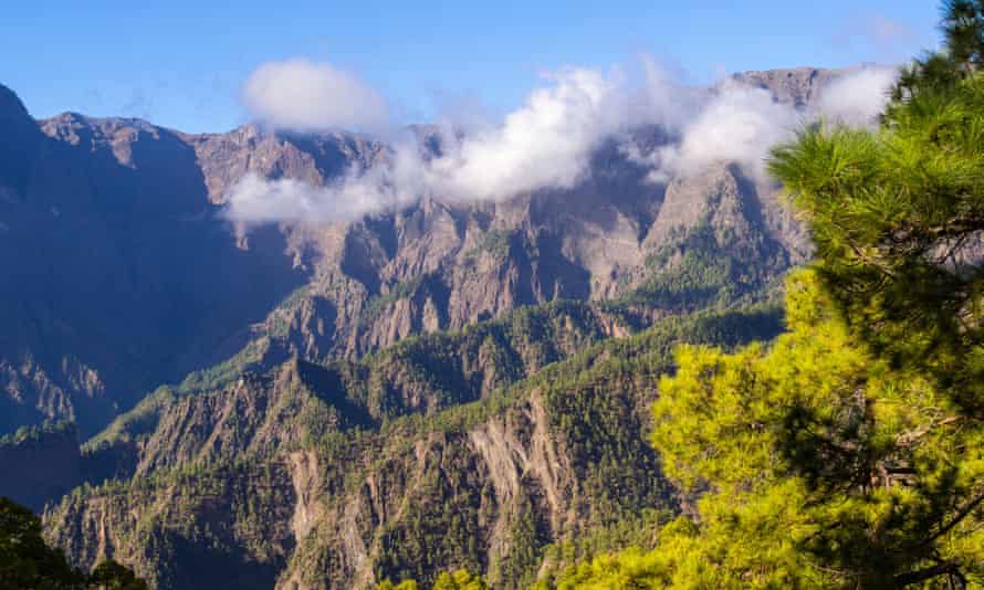 Clouds float in front of the Caldera de Taburiente mountains.