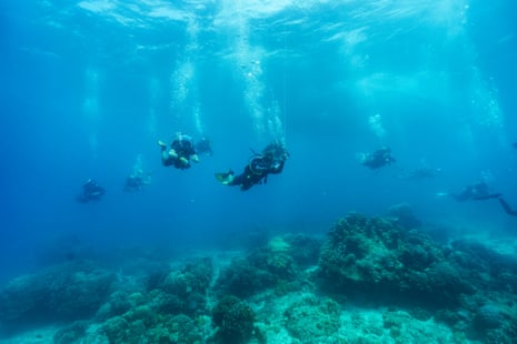 Scuba divers in clear blue tropical waters