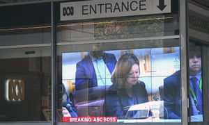 Former ABC managing director Michelle Guthrie is seen on a television screen showing ABC News 24 at the ABC Ultimo Offices in Sydney