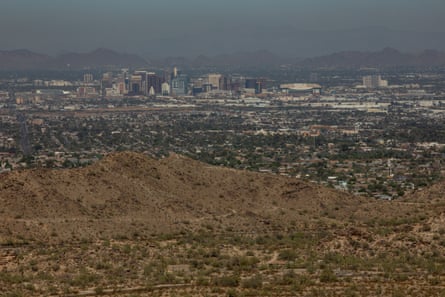 Smog and heat obscure the view of downtown Phoenix, Arizona.