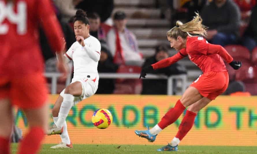 Canada striker Janine Beckie scores against  England and Canada in the Arnold Clark Cup match at Riverside Stadium.
