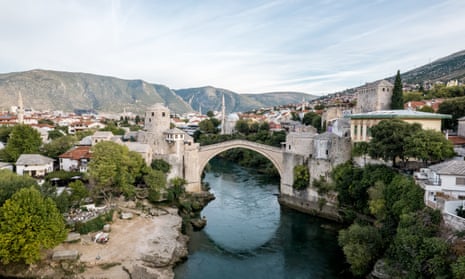 Stari Most, a rebuilt 16th-century Ottoman bridge over the Neretva River connects the sides of Mostar’s old town.