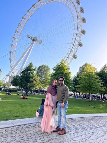 Nusratjahan and Mohammed Shoeb Iproliya pose in front of the London Eye.