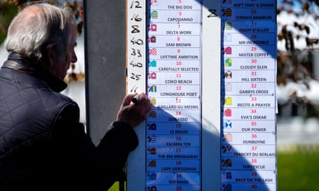 A bookmaker marks up the Grand National odds at Aintree.