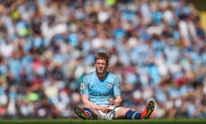 Kevin De Bruyne of Manchester City is looks disappointed after picking up another injury.